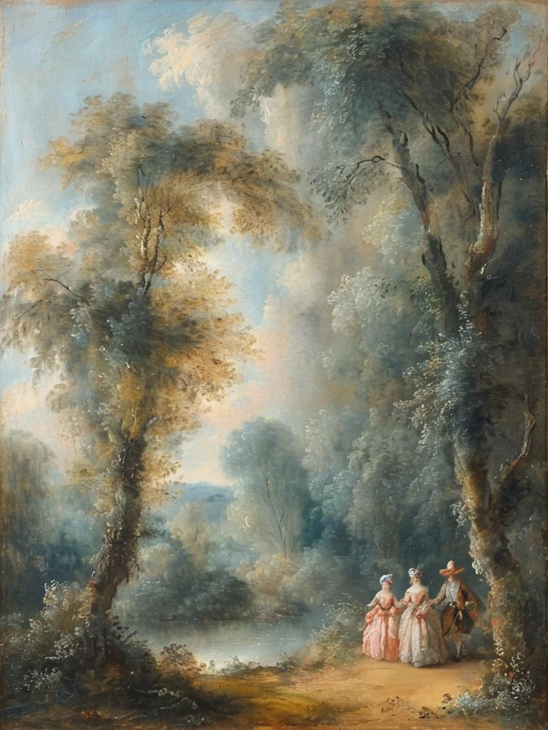 masterpiece,best quality,<lora:tbh124-sdxl:0.7>,landscape,rococo,oil painting,style of Jean-Antoine Watteau,
