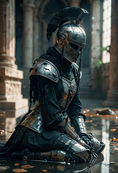 score_9, score_8_up, score_7_up, gothic knight , portrait, kneeling, defeated, tired, gothic armor, helmet, temple, reflections, highly detailed, film grain, <lora:zy_Realism_Enhancer_v1:0.75>