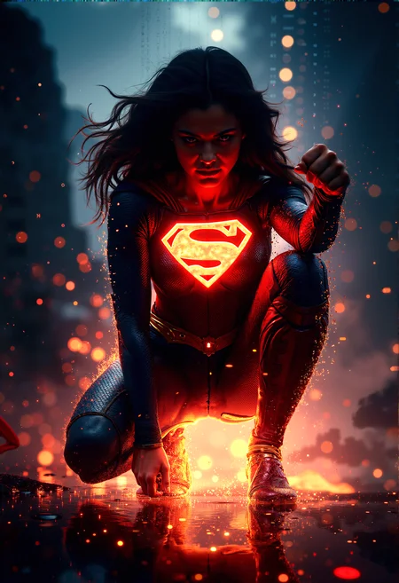 A photorealistic scene of Superwoman with her iconic 'S' emblem glowing, her body merging into the digital void below her, as binary code cascades from her form, symbolizing the fusion of strength and cybernetic power.
Superwoman crouched in a ready stance, one fist on the ground and the other raised defensively, as her legs dissolve into a cascade of 1s and 0s, symbolizing her integration with the digital world.
Subtle, glowing reflections of the digital code on Superwoman’s suit, adding a sense of integration between her physical form and the cybernetic environment.
Over-the-Shoulder Shot: An over-the-shoulder shot from behind Superwoman, capturing her view of the digital world she’s merging into, with her silhouette framed against the glowing code.
cinematic lighting, extremely intricate detail character, accurate depiction of character, correct body anatomy, correct hands and fingers, extremely intricate skin and facial texture detail, design,lifelike potrayal, extrememly realistic lighting, extreme dynamic pose, sfw, fully clothes, sharp background detail, wide shot