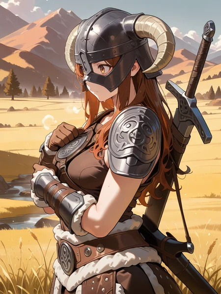 dovahkiin armor,1girl,solo,sword,long hair,horned helmet,brown hair,brown gauntlets,weapon on back,
masterpiece,best quality,amazing quality,very aesthetic,absurdres,newest,<lora:Dovahkiin illuXL v1:0.78>,