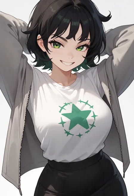score_9, score_8_up, score_7_up, score_6_up, g0thicPXL, 1girl, 1girl, solo, Joey Claire, joeyclaire, black short hair, green eyes, smile, grin, cute, lewd expression, wide hips, big breasts, white skin, t-shirt, star symbol on shirt, light grey jacket, black skirt, standing, hands behind head, sexy pose