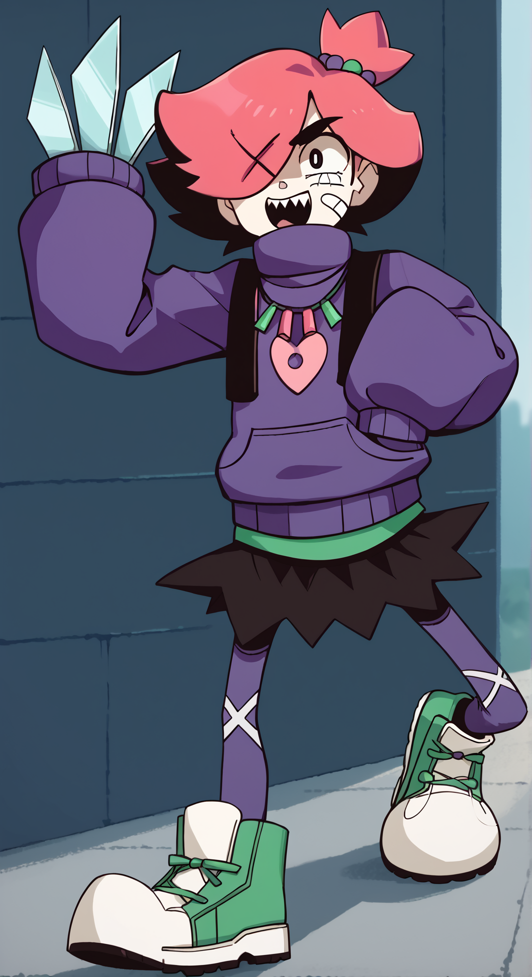 ((score_9)), score_8_up, score_7_up, high quality, masterpiece,    epitheterased, handfixer, 1girl, TrixieEE, Pink Hair, hair over one eye, sharp teeth, short hair, hairclip, black eyes, side ponytail, bandaid on face, ((cute)), ((short)), skinny, slender, ((petite body)), purple sweater, sleeves past wrists, hair ornaments, hair bobbles, sleeves past fingers, necklace, pantyhose, turtleneck, green footwear, sneakers , black skirt, flat colors , (((+ +))), (claws), (long blades), ((weapon))<lora:Trixie_Roughhouse:1>,<lora:HandFixer_pdxl_Incrs_v1:1>,<lora:EpithetErased:0.7>