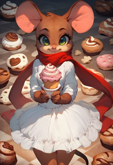 score_9, score_8_up, score_7_up, zPDXL2, detailed background, concept art, source_anime, dark theme, low light, solo, anthro mouse girl, holding cupcake, tiny, mouse tail, cute, green eyes, hooded, red scarf, bakery background, white dress, deciding, brown fur, bottomless,
