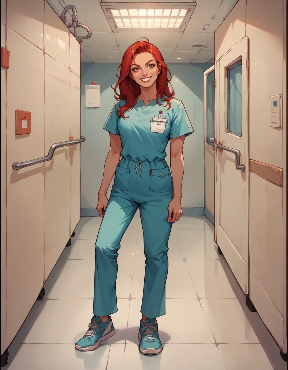 score_9, score_8_up, score_7_up, score_6_up, best quality, 1girl, long red hair, lipstick, hud_scrbs, short sleeves, shirt, pants, pocket, sneakers, <lora:hud_scrbs_XLP:0.7>, hospital, full body, standing, smile