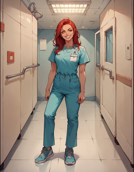 score_9, score_8_up, score_7_up, score_6_up, best quality, 1girl, long red hair, lipstick, hud_scrbs, short sleeves, shirt, pants, pocket, sneakers, <lora:hud_scrbs_XLP:0.7>, hospital, full body, standing, smile