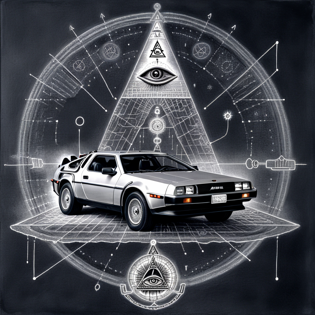 ampereart sketch delorean time machine, mystical, enigmatic, dark electrical diagrams, masonic and occult symbols, very detailed
 <lora:ampereart:1>
