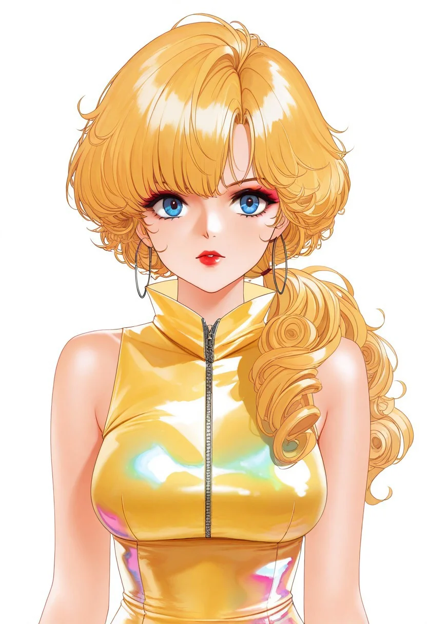 masterpiece, best quality, very aesthetic, absurdres,
1girl, upper body, solo, rapture \(jem and the holograms\), retro artstyle, 1980s \(style\), blue eyes, blonde hair, long hair, curly hair, wavy hair, low ponytail, makeup, red lips, BREAK,
hoop earrings, bracelet, high collar, popped collar, iridescent clothes, yellow dress, pencil dress, zipper, white background,
az-ys-il,