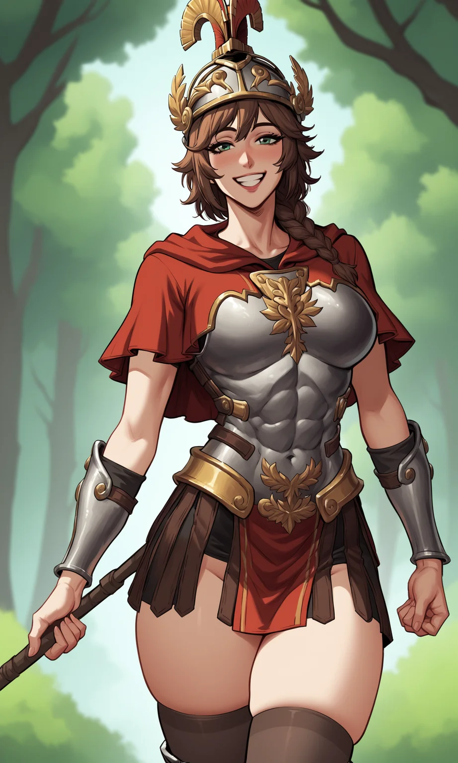 score_9, score_8_up, score_7_up, score_6_up, score_explicit, source_anime, forest background,
cuirass, breastplate, 1girl, solo, short braid, brown hair, green eyes, large breasts, looking at viewer, smiling, standing, steel armor, navel, ornate, abs, red capelet, greek helmet, pauldrons,
happy, zettai ryouiki, skindentation, thighhighs, faulds, upskirt,
<lyco:Cuirass_Breastplate_XL-000038:1>