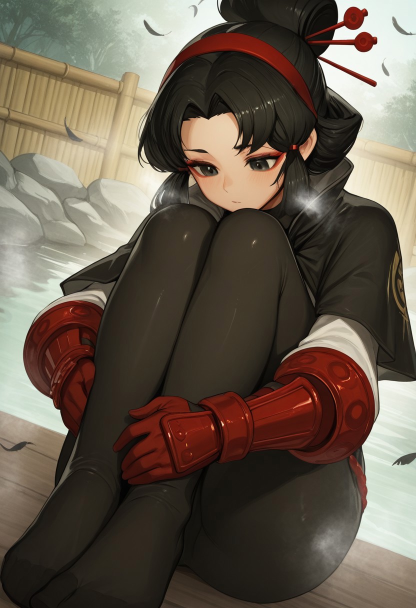 ro_g,  outdoors, undershirt, falling feathers, black bodysuit, hair stick, hugging knees, knees to chest, gauntlets, eyeshadow, red gloves, two sides up, black capelet, red hairband, black eyes, 1girl, solo, feet, visible breath, dynamic angle, foreshortening, smell, steam, onsen, water