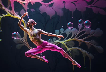 arttrdrm, Roots, Leaves, Trunk, Branches, male modern hip hop ballet, dancer in the dark with bubbles, neon highlights, motion photography, time lapse. Structured and layered geometries, sharp, hot pink, lazy lime, ocher