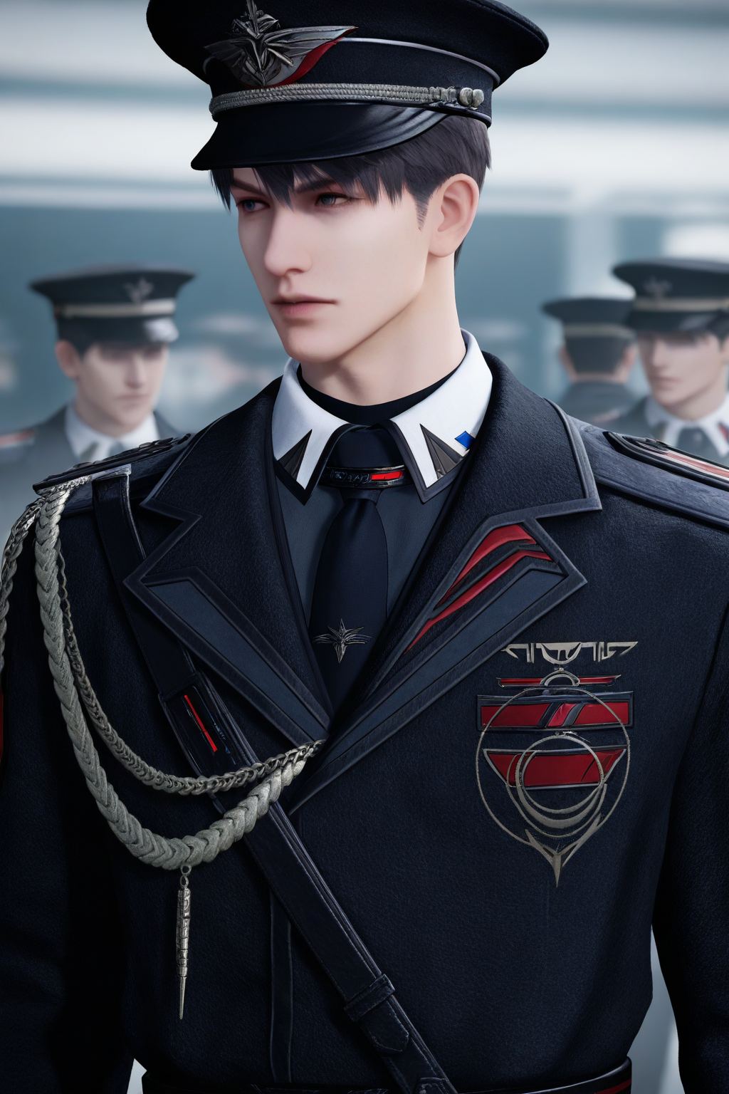 <lora:caleb-NAI:0.7>,caleb, 1boy, male focus, solo, short hair, shirt, upper body, necktie, jacket, black necktie, Farspace Colonel, blurry, collared shirt, uniform, blurry background, hat, military, military uniform, military hat, peaked cap, black jacket, looking to the side, police, black hair, yaoi,bara,male focus,very awa,masterpiece,best quality,amazing quality,nsfw,uncersored,highres,best quality,amazing quality,best aesthetic,absurdres,