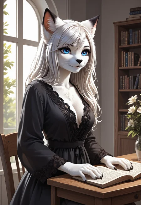 safe_pos, masterpiece, score_9_up, score_8_up, score_7_up, score_6_up, source_furry, (best quality:1.1), ultra-detailed, high resolution, solo, highly detailed macro illustration, solo, 1girl, Nikita, anthro cat, female, white fur, long white hair, hair over one eye. (beautiful blue eyes), long eyelashes, black eyebrows, black animal nose, whiskers, fluffy ears, fluff in ears, black ear tips, black claws, breasts, (black dressing gown) BREAK black indoors, window, forest home, wooden table, sitting, leaning on table, bookshelf, chair, books, inkwell, three quarter view, looking down, detailed facial features, highly visible, sharp focus, anatomically correct, detailed background, good_hands