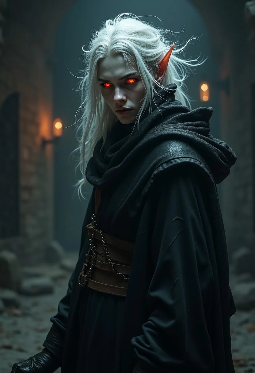 A mysterious and deadly elf assassin stands poised, draped in dark, tattered robes that seem to blend with the shadows, their piercing red eyes glowing like embers in the darkness. Their hair is a wild tangle of white locks, with stray strands framing their pale, angular face, where high cheekbones and a sharp jawline define their otherworldly features. A few strands of hair fall across their forehead, partially obscuring their gaze, adding to the air of menace and stealth. The overall atmosphere is dark and ominous, with subtle hints of moonlight or lantern glow illuminating the surrounding darkness, casting eerie shadows on the walls behind them. The assassin's stance exudes confidence and deadly precision, as if ready to strike at a moment's notice, their very presence seeming to command attention and inspire fear.