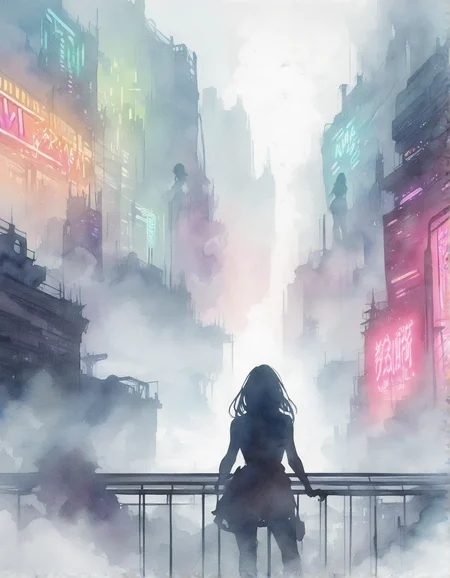water color painting, 1girl, silhouette, back view, leaning against ledge of balcony, over the clouds, futuristic city, gigantic buildings and structures, colorful neon lights, fog, grey canvas, rough surface