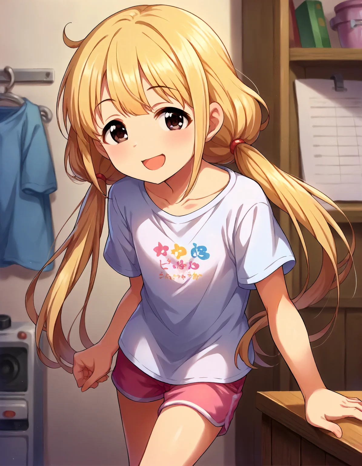 score_9,score_8_up,score_7_up,1girl,solo,cowboy shot,looking at viewer,smile,open mouth,indoors,
<lora:futabaanzu_ponyXLV6:0.8>,cgfa,
blonde hair,low twintails,brown eyes,
T-shirt,shorts