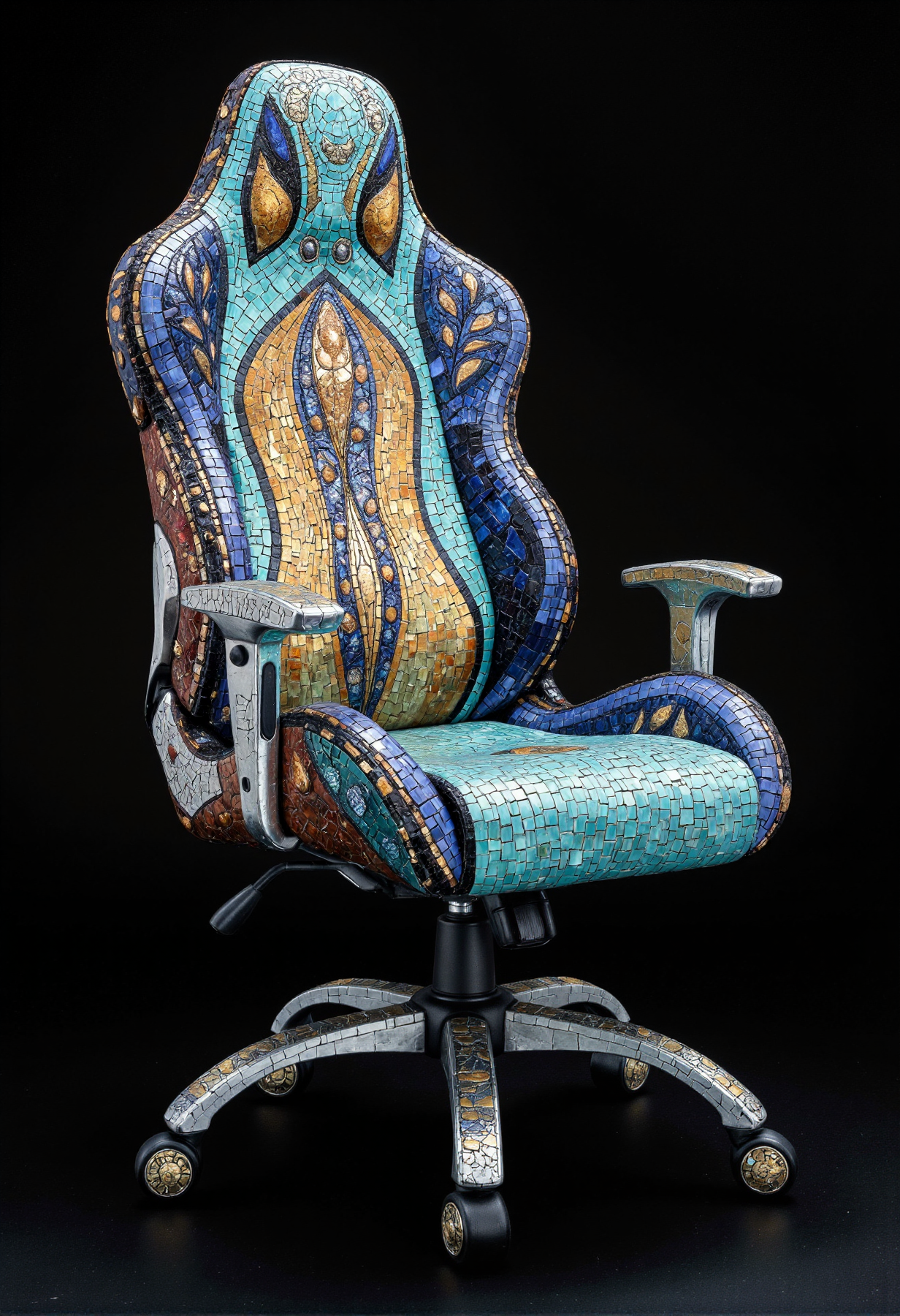 A gaming chair inspired by the style of Antoni Gaudí, featuring intricate mosaic patterns with flowing, organic shapes in vibrant colors like blue, green, and gold. The chair's design includes curved, sculptural elements resembling natural forms, blending art and functionality. Set against a dark background, the vivid mosaic and unique contours of the chair create a striking visual impact. Coaster on wheels