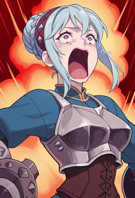 KonoStyle,
1girl, solo,
VirginiaIL, Virginia Unicorn Overlord,
red eyes, light blue hair, braided bun, sidelocks, pink lips,
maroon hairband, blue top, breastplate, silver breastplate, brown corset, dual bucklers,
aquascreaming, screaming, open mouth, crying with eyes open,
explosions,