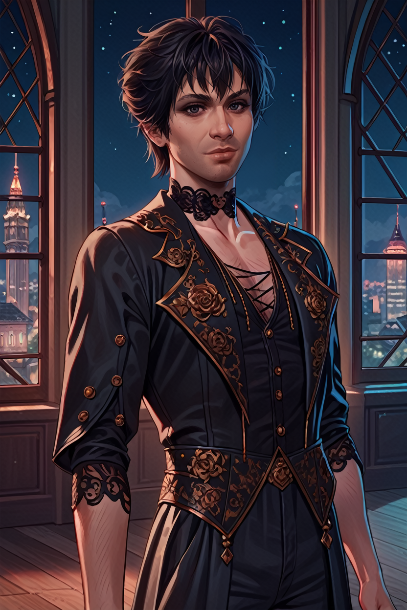 score_9, score_8_up, score_7_up, score_6_up
<lora:BGGortash:0.8>
BGGortash, 1boy, short hair, black hair, looking at viewer, in a modern high-rise apartment, wearing a sleek tuxedo, overlooking a bustling city at night, floor-to-ceiling windows, high contrast lighting, elegant and refined