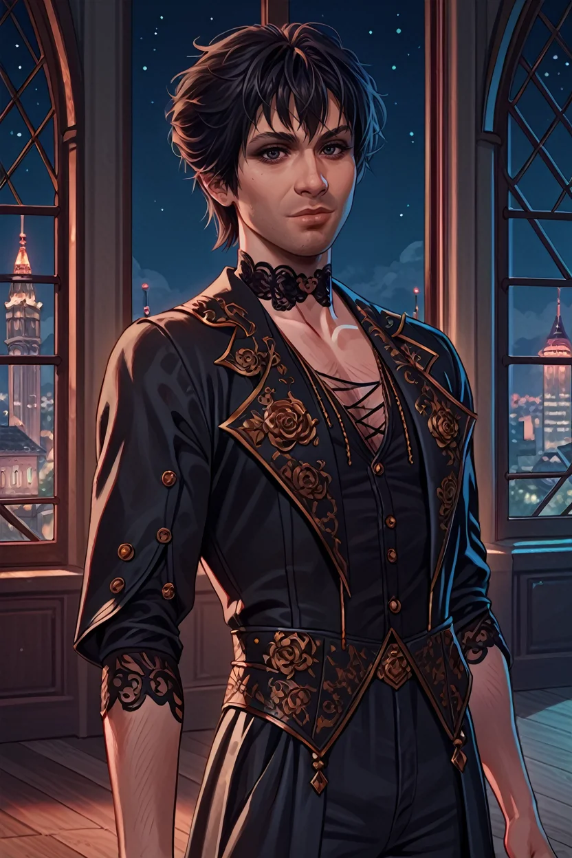 score_9, score_8_up, score_7_up, score_6_up
<lora:BGGortash:0.8>
BGGortash, 1boy, short hair, black hair, looking at viewer, in a modern high-rise apartment, wearing a sleek tuxedo, overlooking a bustling city at night, floor-to-ceiling windows, high contrast lighting, elegant and refined