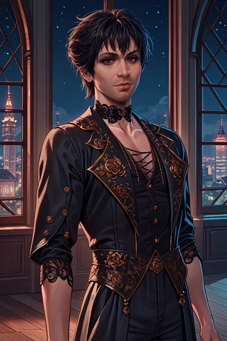 score_9, score_8_up, score_7_up, score_6_up
<lora:BGGortash:0.8>
BGGortash, 1boy, short hair, black hair, looking at viewer, in a modern high-rise apartment, wearing a sleek tuxedo, overlooking a bustling city at night, floor-to-ceiling windows, high contrast lighting, elegant and refined