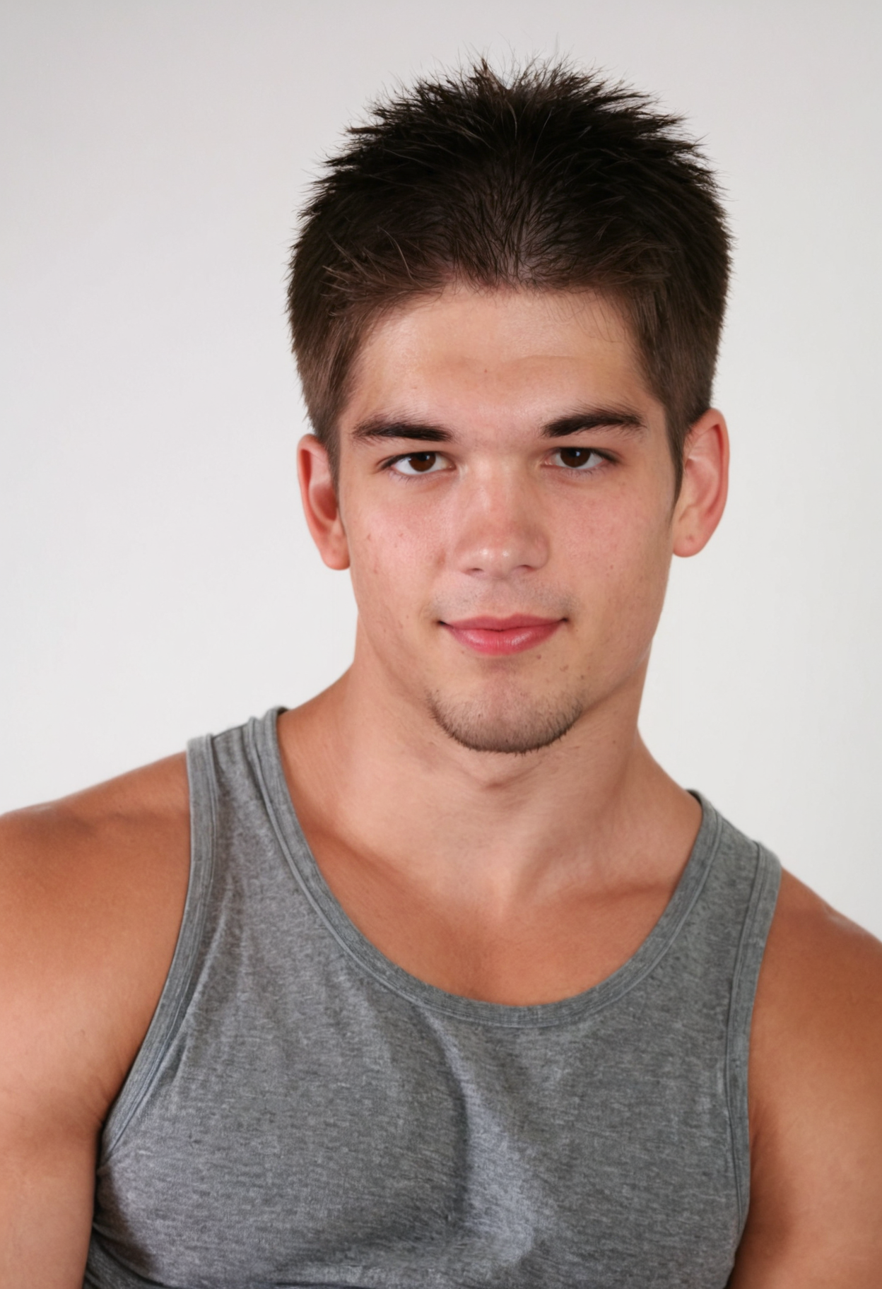 aidenperson, male focus, <lora:aiden_twink_sdxl_v1-000010:1> close-up portrait, relaxed confident expression, wearing a grey tank top, white background