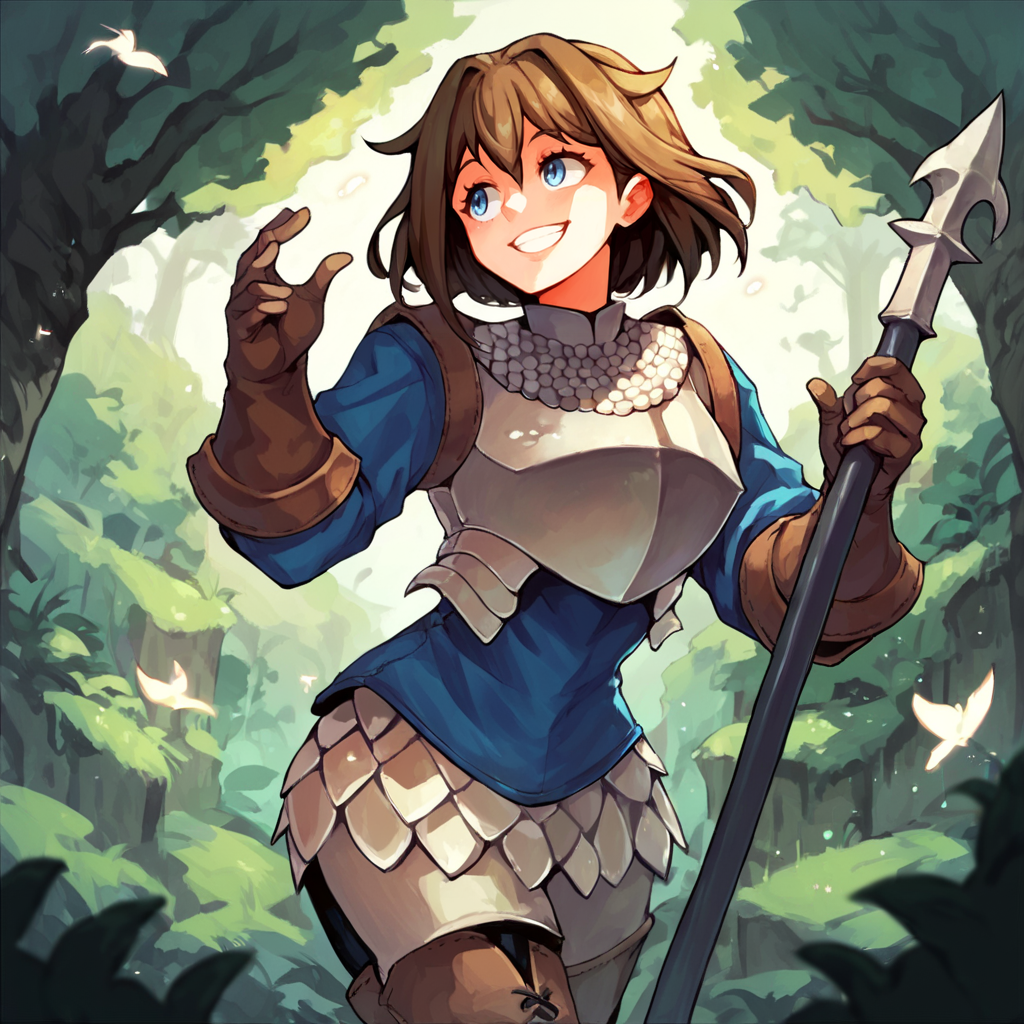 score_9, score_8_up, score_7_up, score_6_up, score_5_up, score_4_up, A girl standing in a forest,   <lora:Chloe_Unicorn_Overlord_XL:1> chloe, unicorn_overlord, brown hair, short hair, blue eyes, armor, smile, solo,