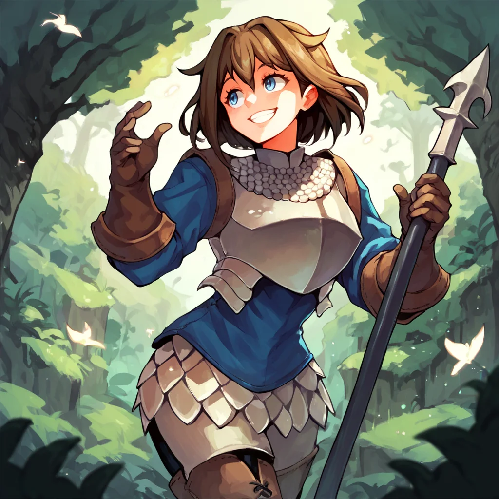 score_9, score_8_up, score_7_up, score_6_up, score_5_up, score_4_up, A girl standing in a forest, <lora:Chloe_Unicorn_Overlord_XL:1> chloe, unicorn_overlord, brown hair, short hair, blue eyes, armor, smile, solo,