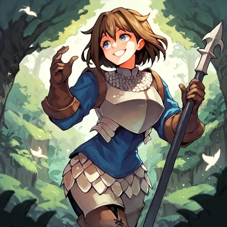 score_9, score_8_up, score_7_up, score_6_up, score_5_up, score_4_up, A girl standing in a forest, <lora:Chloe_Unicorn_Overlord_XL:1> chloe, unicorn_overlord, brown hair, short hair, blue eyes, armor, smile, solo,