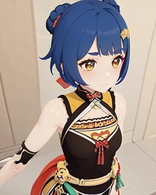 guoba, xiangling_\(genshin_impact\), / <lora:X_TEST18:0.8>,1girl, blue_hair, chinese_clothes, short_hair, vision_\(genshin_impact\), amigurumi (medium), (bear_guoba, pyro eyes), guoba
