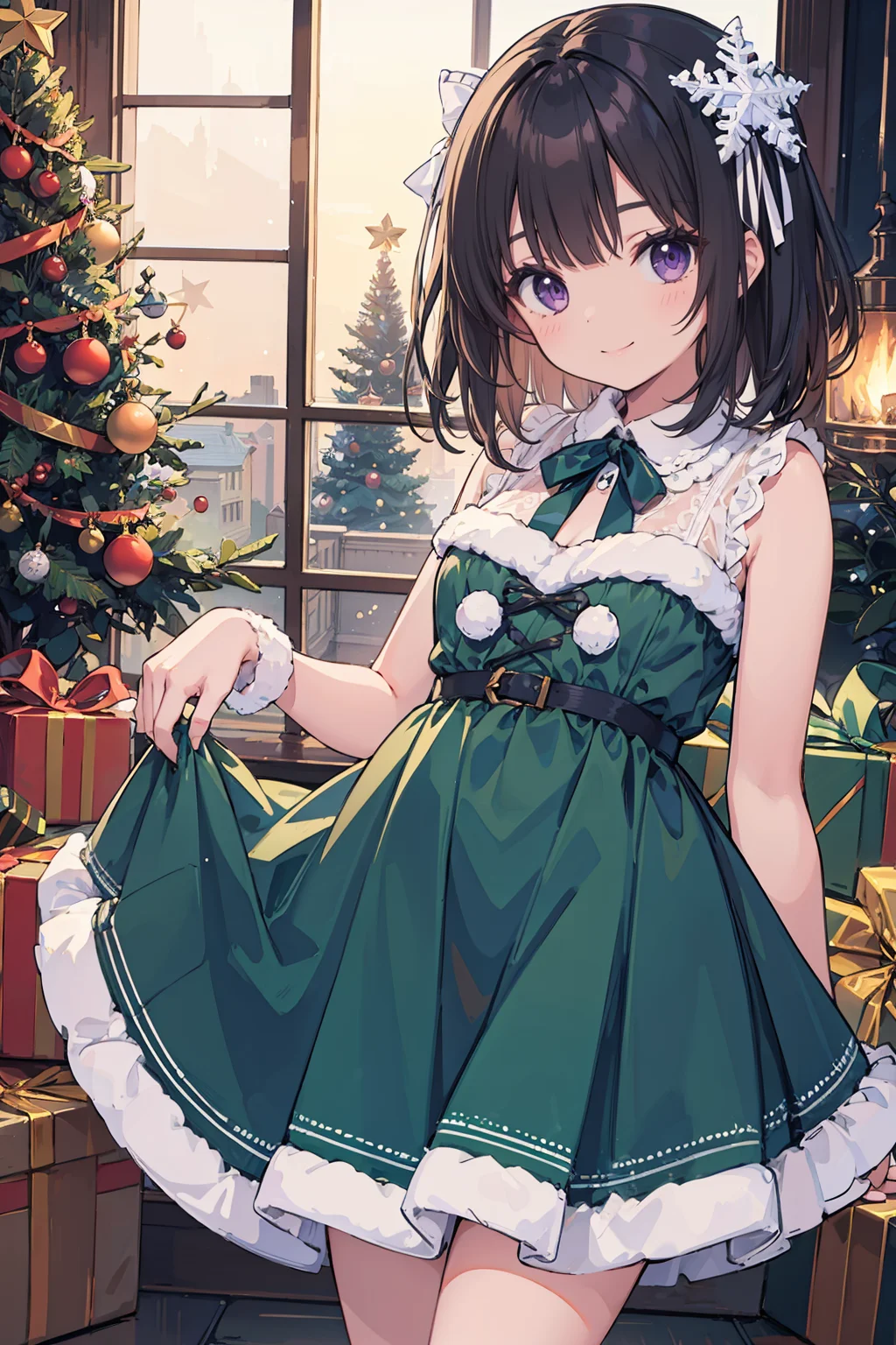 masterpiece, 1girl, black hair, medium hair, small breasts, purple eyes, christmas, xmas, christmas clothes, ribbon, frill, lace, dress, smile