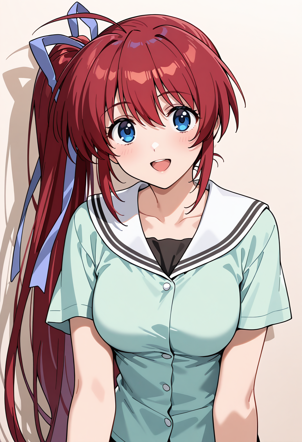 masterpiece, best quality, very aesthetic, absurdres, 1girl, solo,
<lora:takase_mizuki_v01:0.9>, takase_mizuki, mizuki_casual2, red hair, very long hair, ahoge, side ponytail, blue eyes, breasts,
purple hair ribbon, green shirt, white sailor collar, buttons, no_pocket, black tank top, short sleeves, smile, open mouth, posing, upper body,