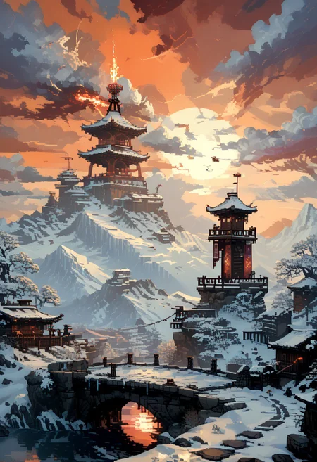 score_9, score_8_up, score_7_up, yamer_pixel_fusion, pixel art,
A Chinese dragon wrapped around The summit of a snowy mountain, reached only by the most devoted. A stone platform overlooks the world below, where rituals are held to call upon the power of the wind and sky, surrounded by towering ice spires.,
in the style of a vintage, high-contrast setting, dark and mysterious atmosphere. Resplendent spotlighting, Emphasize theatrical elements with bursts of bright colors against dark, moody backgrounds
, retro futuristic, atompunk, hyper-detailed, scifi, lofi, d3p1x3l, pixel art