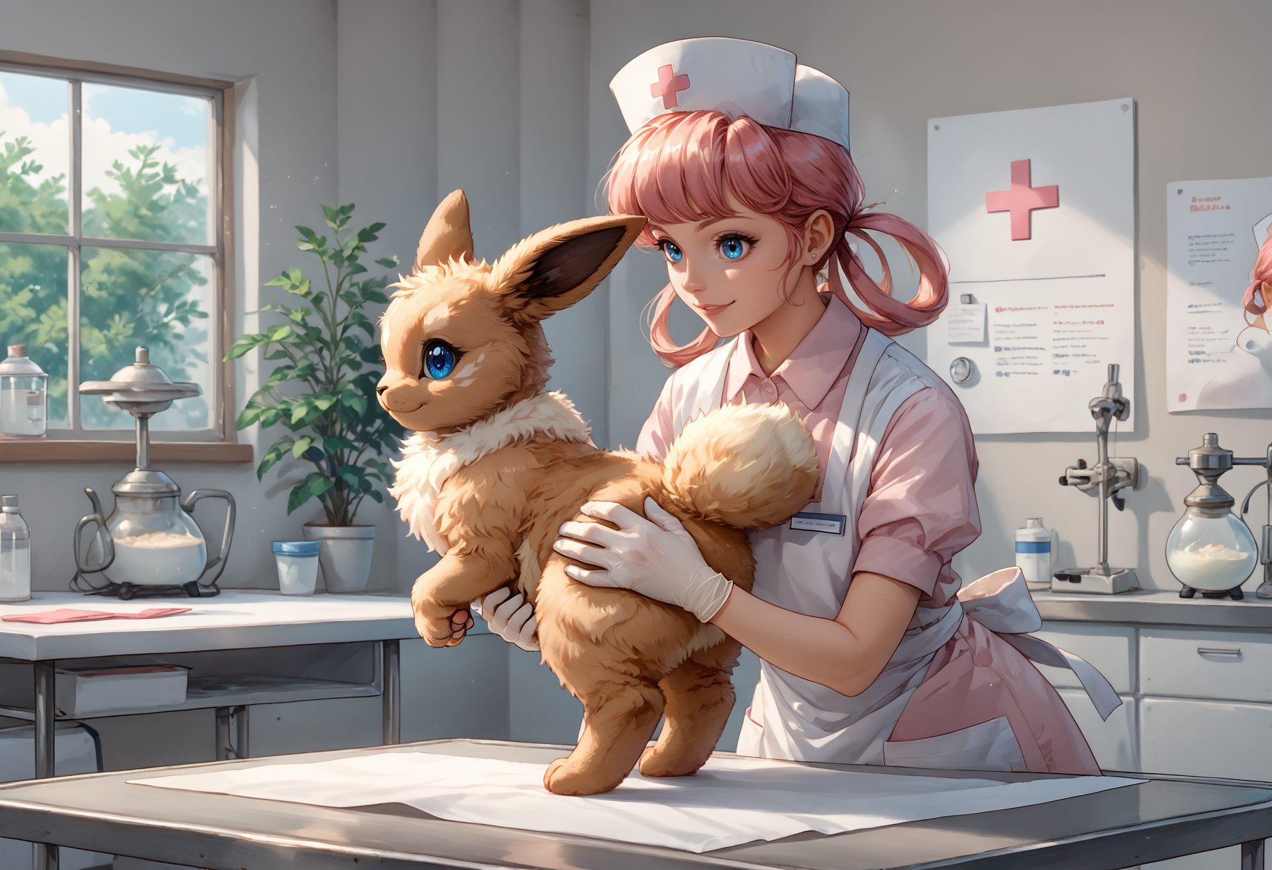 score_9,score_8_up,score_7_up,high quality,masterpiece,highres,infirmary,<lora:Hoseki_Pokemon_NurseJoy_PDXL_v1>,njpk,medium breasts,pink hair,hair rings,bangs,nurse cap,pink collared dress,puffy short sleeves,white apron,white footwear,<lora:Veterinarian_inspection:0.8>,vetcheck,vetcheck,human,veterinarian,lab coat,rubber gloves,inspection,hands,holding animal,animal focus,inspection table,<lora:EeveePokedexPDXL>,zzEV,zPDXL3,<lora:add-detail-xl:2>,âââ