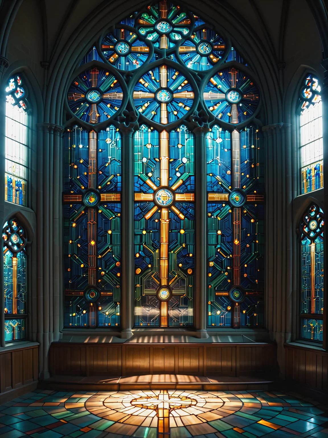 mad-circuit stained glass window in a church, lightray, cinematic shot <lora:Coloruful_Circuit_SDXL_v2:1>