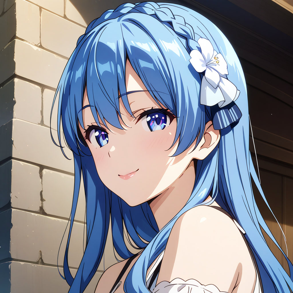 juna_doma, 1girl, blue hair, blue eyes, seductive smile, solo, crown braid, braid, long hair, looking at viewer, hair ornament, portrait, hair flower, flower, closed mouth, bare shoulders, ;) anime coloring,  <lora:XL-JunaDoma:1>, (masterpiece),(best quality),(ultra-detailed),(best illustration),(best shadow),(absurdres),(detailed background),(very aesthetic),