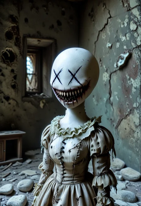 score_9, score_8_up, score_7_up, hyper details, masterpiece, high quality v3, (ultra-HD details), dvr-lnds-sdxl
A XXDFace white spooky faceless mannequin doll with x-eyes, big fanged teeth creepy smile, wearing beige tattered victorian fairy broken dress, stands amidst the ruins of a post-apocalyptic living room, debris and rocks on the floor.