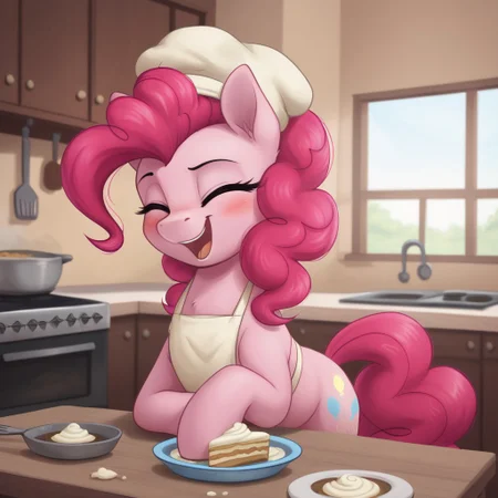 score_9, score_8_up, score_7_up, score_6_up, score_5_up, score_4_up, g4, solo, pony, feral pony, pinkie pie, kitchen, cooking, cook's costume, cook's hat, happy, laughing, closed eyes, dough, cream, cake, table, simple background, sc3n3ry, blushing, cute, glare, high res