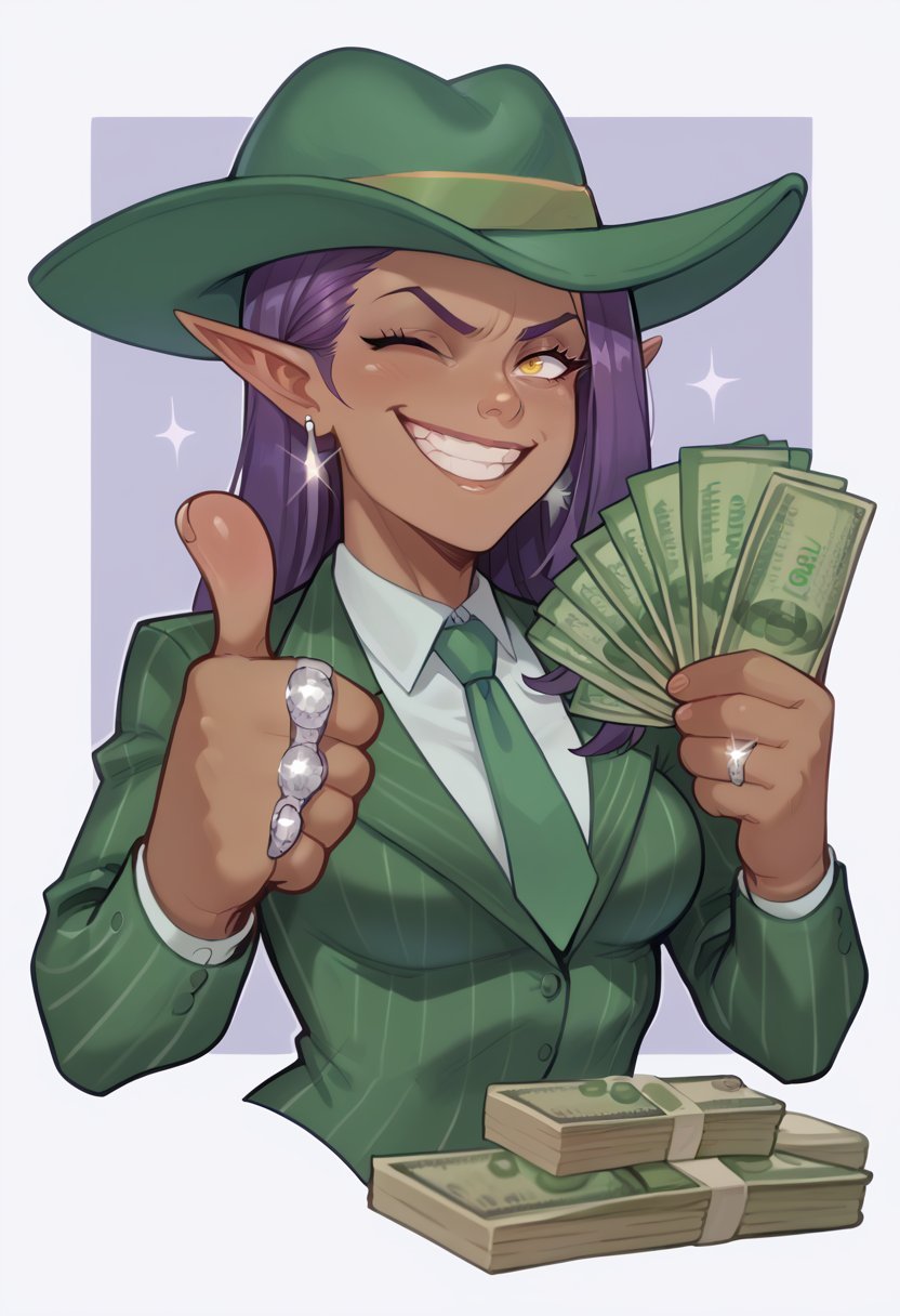 score_9, score_8_up, score_7_up, score_6_up, BREAK
<lora:gangstersb-guy-PONYv1:1.0> gangstersb, thumbs up, one eye closed, grin, smile, money, holding money, portrait, cropped torso, ring, formal, hat, green headwear, necktie, suit, striped, dark skin, earring, elaishasorn-dh, long hair, medium breasts, pointy ears, purple hair, yellow eyes, <lora:Elaisha_Sorn_Subverse:1.0> <lora:Lilandava_PDXL:0.8> lilandavastyle