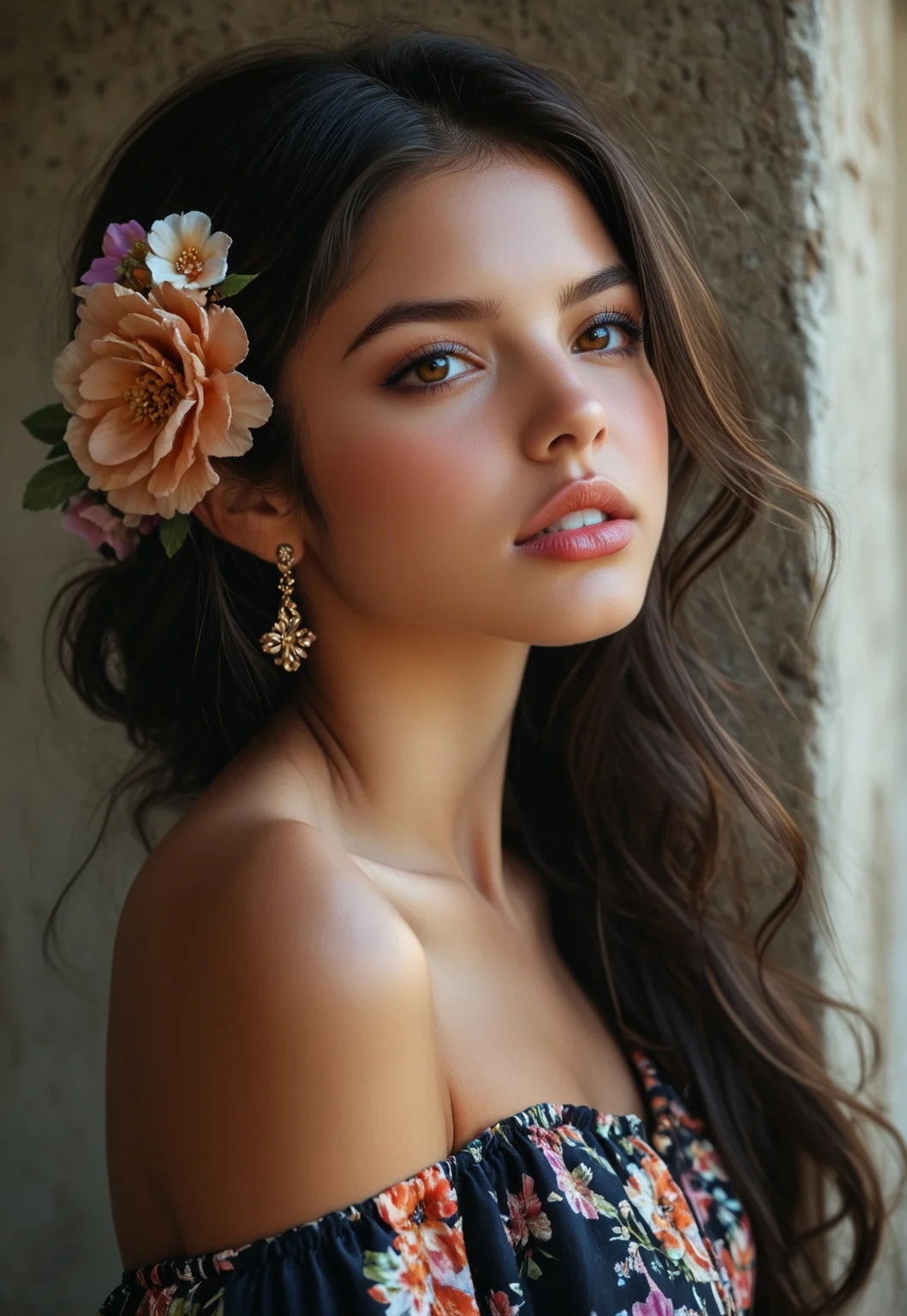 (((score_9, score_8_up, score_7_up))), ((( highly detailed, masterpiece, perfect, detailed, hd, pretty, )))
,
(( Melissamb, flower, hair ornament, hair flower, jewelry, earrings, black hair, long hair, brown eyes, parted lips))
,
((( 1girl, solo, )))
,
((( )))
,
((( Standing, )))
,
((( Face close-up )))
,
(( Town, street))
,
((( )))
,
()