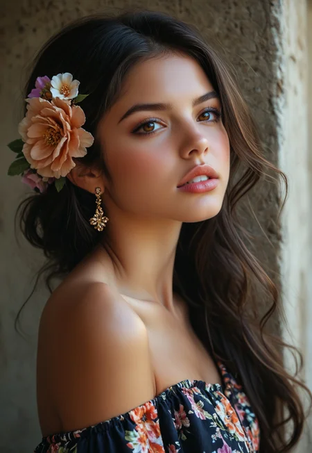 (((score_9, score_8_up, score_7_up))), ((( highly detailed, masterpiece, perfect, detailed, hd, pretty, )))
,
(( Melissamb, flower, hair ornament, hair flower, jewelry, earrings, black hair, long hair, brown eyes, parted lips))
,
((( 1girl, solo, )))
,
((( )))
,
((( Standing, )))
,
((( Face close-up )))
,
(( Town, street))
,
((( )))
,
()