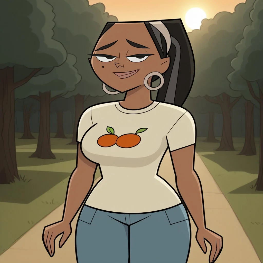 score_9, score_8, BREAK, solo, black hair, black eyes, lips, food print shirt, white shirt, short sleeves, blue pants, hoop earrings, dark skin, ponytail, mole under eye, big breasts, Total Drama, Leshawna_(Total_Drama), sexy pose, smile, outdoors, sunlight, shadows, evening lighting, natural lighting, forest, trees, grass, orange sky, sunset