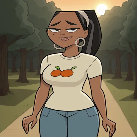 score_9, score_8, BREAK, solo, black hair, black eyes, lips, food print shirt, white shirt, short sleeves, blue pants, hoop earrings, dark skin, ponytail, mole under eye, big breasts, Total Drama, Leshawna_(Total_Drama), sexy pose, smile, outdoors, sunlight, shadows, evening lighting, natural lighting, forest, trees, grass, orange sky, sunset