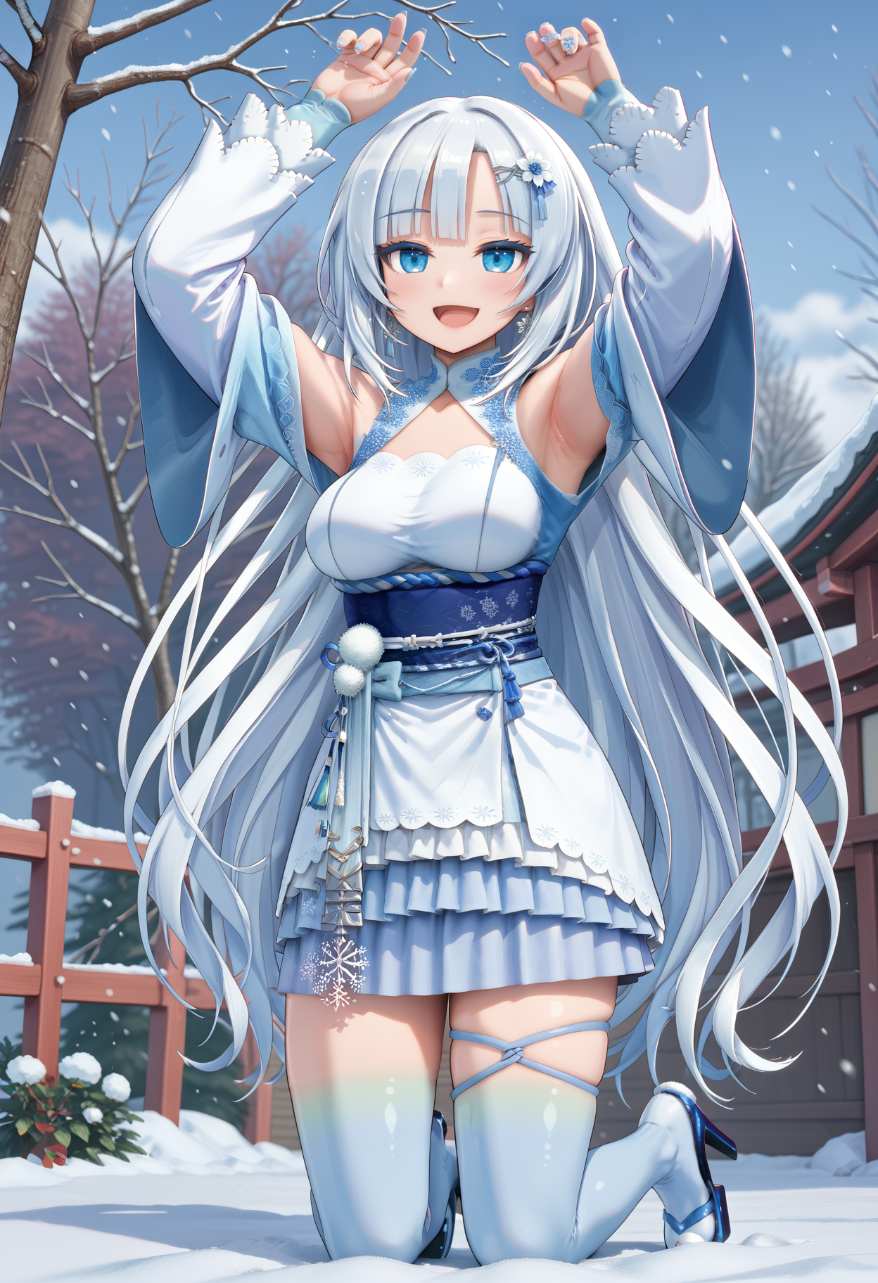 score_9, source_anime, detailed anime masterpiece, intricate design, smooth skin, highly detailed,  1girl,  solo, solo focus, dutch angle, tilt angle, from below,  
<lora:whiteCUL_v1-rev3:0.9>  absurdly long hair, flower hairclip, fingernails, bridal gauntlets, flower earrings, white short kimono, kimono skirt, shoulder cutout, bare shoulders, long sleeves,  blue obi, white obijime, tassel, gradient legwear, thigh ribbon, thigh strap, blue thighhighs, zettai ryouiki, asymmetrical legwear, okobo, platform heels,
kneeling, snow, snowing, snowflakes, arms up,  looking up, happy, smile, open mouth, blush, heavy breathing,
<lora:add-detail-xl:2>
blurry background,
 <lora:hand 5.5:1>