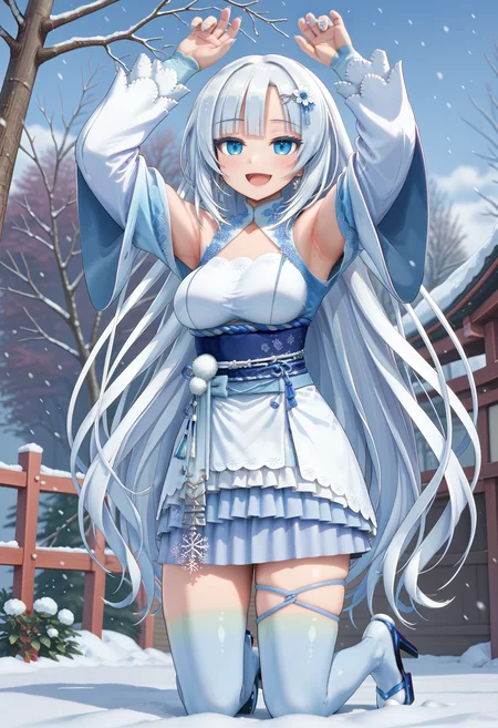 score_9, source_anime, detailed anime masterpiece, intricate design, smooth skin, highly detailed, 1girl, solo, solo focus, dutch angle, tilt angle, from below,
<lora:whiteCUL_v1-rev3:0.9> absurdly long hair, flower hairclip, fingernails, bridal gauntlets, flower earrings, white short kimono, kimono skirt, shoulder cutout, bare shoulders, long sleeves, blue obi, white obijime, tassel, gradient legwear, thigh ribbon, thigh strap, blue thighhighs, zettai ryouiki, asymmetrical legwear, okobo, platform heels,
kneeling, snow, snowing, snowflakes, arms up, looking up, happy, smile, open mouth, blush, heavy breathing,
<lora:add-detail-xl:2>
blurry background,
<lora:hand 5.5:1>