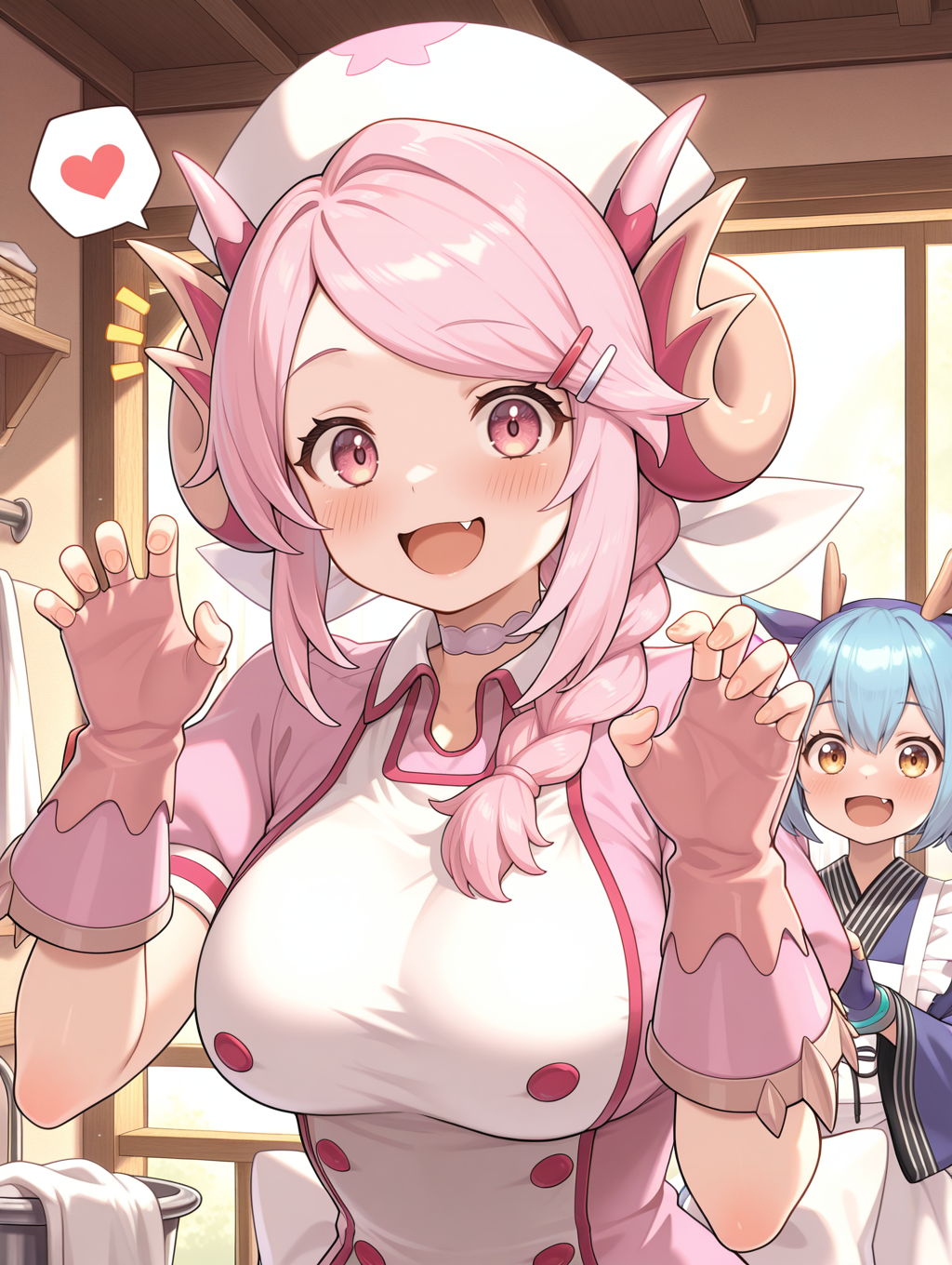 2girls,open mouth,fang,heart,^^^,looking at viewer,blush,smile,upper body,hairclip,sidelocks,hands up,spoken heart,nurse dragonmaid,white nurse cap,pink fingerless gloves,pink nurse dress,claw pose,laundry dragonmaid,blue fingerless gloves,blue maid outfit,indoors,
masterpiece,best quality,amazing quality,very aesthetic,absurdres,newest,<lora:Nurse dragonmaid illuXL v1.1:0.74>,