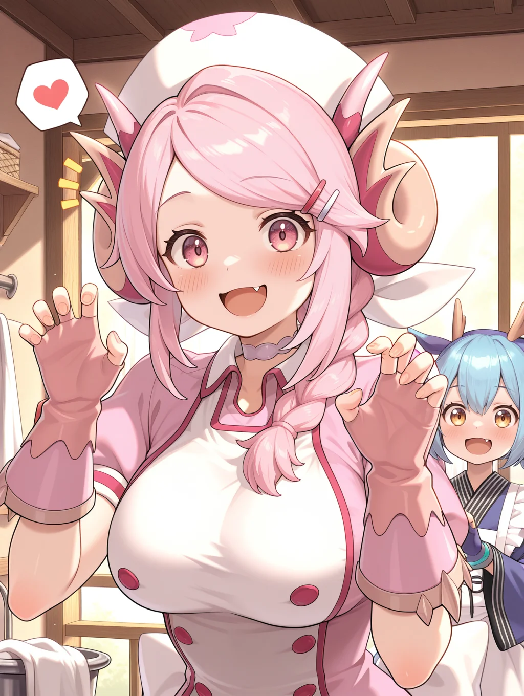 2girls,open mouth,fang,heart,^^^,looking at viewer,blush,smile,upper body,hairclip,sidelocks,hands up,spoken heart,nurse dragonmaid,white nurse cap,pink fingerless gloves,pink nurse dress,claw pose,laundry dragonmaid,blue fingerless gloves,blue maid outfit,indoors,
masterpiece,best quality,amazing quality,very aesthetic,absurdres,newest,<lora:Nurse dragonmaid illuXL v1.1:0.74>,