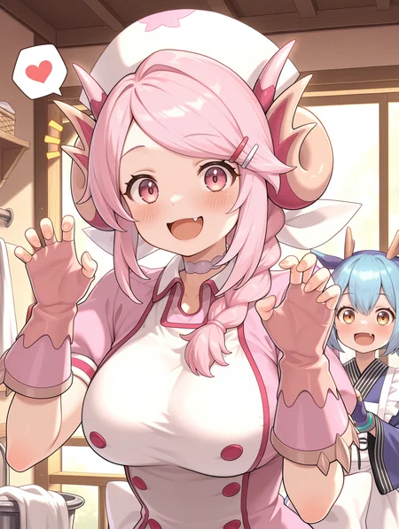 2girls,open mouth,fang,heart,^^^,looking at viewer,blush,smile,upper body,hairclip,sidelocks,hands up,spoken heart,nurse dragonmaid,white nurse cap,pink fingerless gloves,pink nurse dress,claw pose,laundry dragonmaid,blue fingerless gloves,blue maid outfit,indoors,
masterpiece,best quality,amazing quality,very aesthetic,absurdres,newest,<lora:Nurse dragonmaid illuXL v1.1:0.74>,