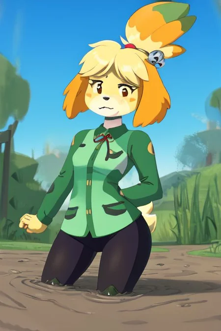 isabelle \(animal crossing\), (masterpiece, best quality:1.15), 1girl, solo, large breasts, high cheekbones, thick eyebrows, small mouth, looking to the side, leaning forward, adjusting clothes, tight leggings, crop top shirt, starry nights, long hair, twin short braids, scared, partially submerged, waist deep, struggling
