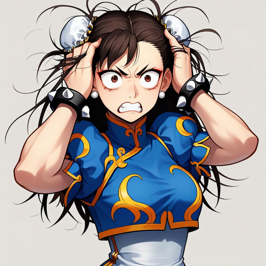 score_9, score_8_up, score_7_up, score_6_up, score_5_up, score_4_up, zPDXL2,source_anime,rating_questionable, 1girl, solo, chun li, hands in hair, wide eyes, arched back, stressed, annoyed, long hair, dress, <lora:Stressed:0.8> str3ss, messy hair, clenched teeth, action lines