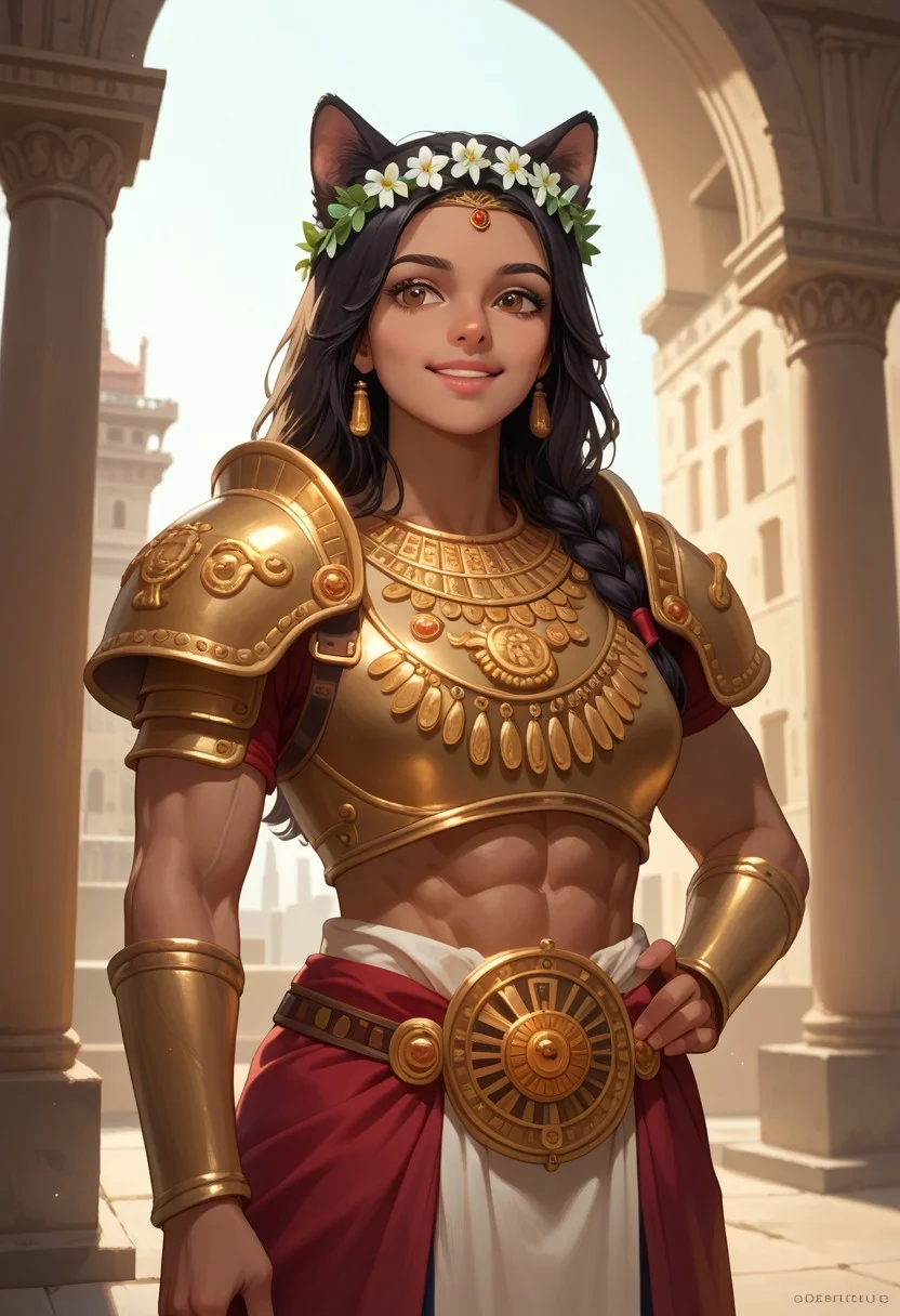 score_9,score_8_up,score_7_up,score_6_up,cowboy shot of a muscular brown-skinned girl with black hair and prominent dog ears, wearing a simple armor. She stands in an ancient city, with towering marble columns and intricate stone carvings in the background. The lighting is warm and golden, casting a soft glow on her form. She holds a laurel wreath in one hand and rests the other on her hip, her pose exuding confidence and grace. Her eyes sparkle with curiosity, and a gentle smile plays on her lips. The composition captures her enchanting presence, with the historic cityscape enhancing the timeless atmosphere.